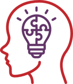 Icon representing clarity, showing a head with a lightbulb in it which is made of jigsaw pieces