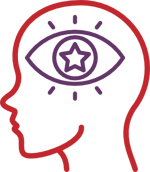 Icon representing confidence, showing a head with an open eye in it, a star in the pupil