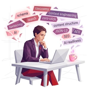 Illustration of a professional at a laptop, surrounded by floating labels - schema, taxonomy, context engineering, AI readiness, zero click, JSON-LD - looking thoughtful and under pressure.