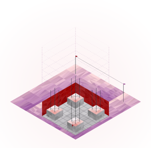 An isometric or architectural illustration of a structure's foundations and framing being carefully laid, visible rebar, level lines, surveyor's markers, while the building itself above is still a light outline or blueprint sketch.