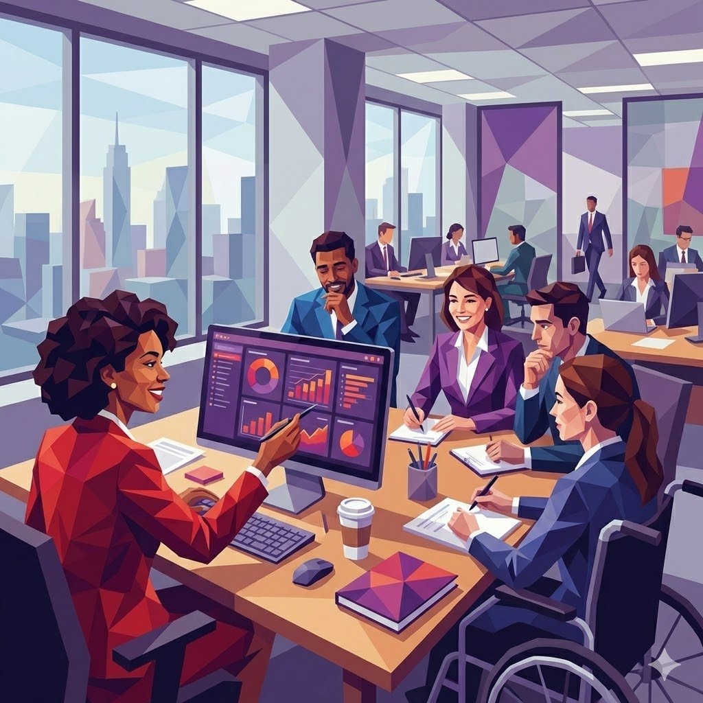 An executive woman looking at an analytics presentation on her computer at her desk, and animatedly explaining it to her colleagues. They are making notes and nodding.