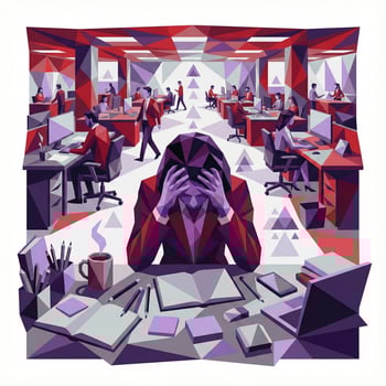 A sad person sitting at their desk, head in their hands, in front of a laptop. Their desk is cluttered and features notebooks, pencils and pencils, coffee, noteblocks, phone, etc. Around them is a large, busy open plan office, with people working and walking.