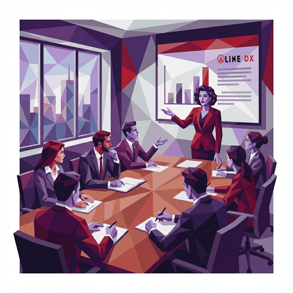 A woman in a red jacket is presenting with the Aline DX logo behind her. A group of people around a table are listening, discussing and making notes. Outside the window is a city view.