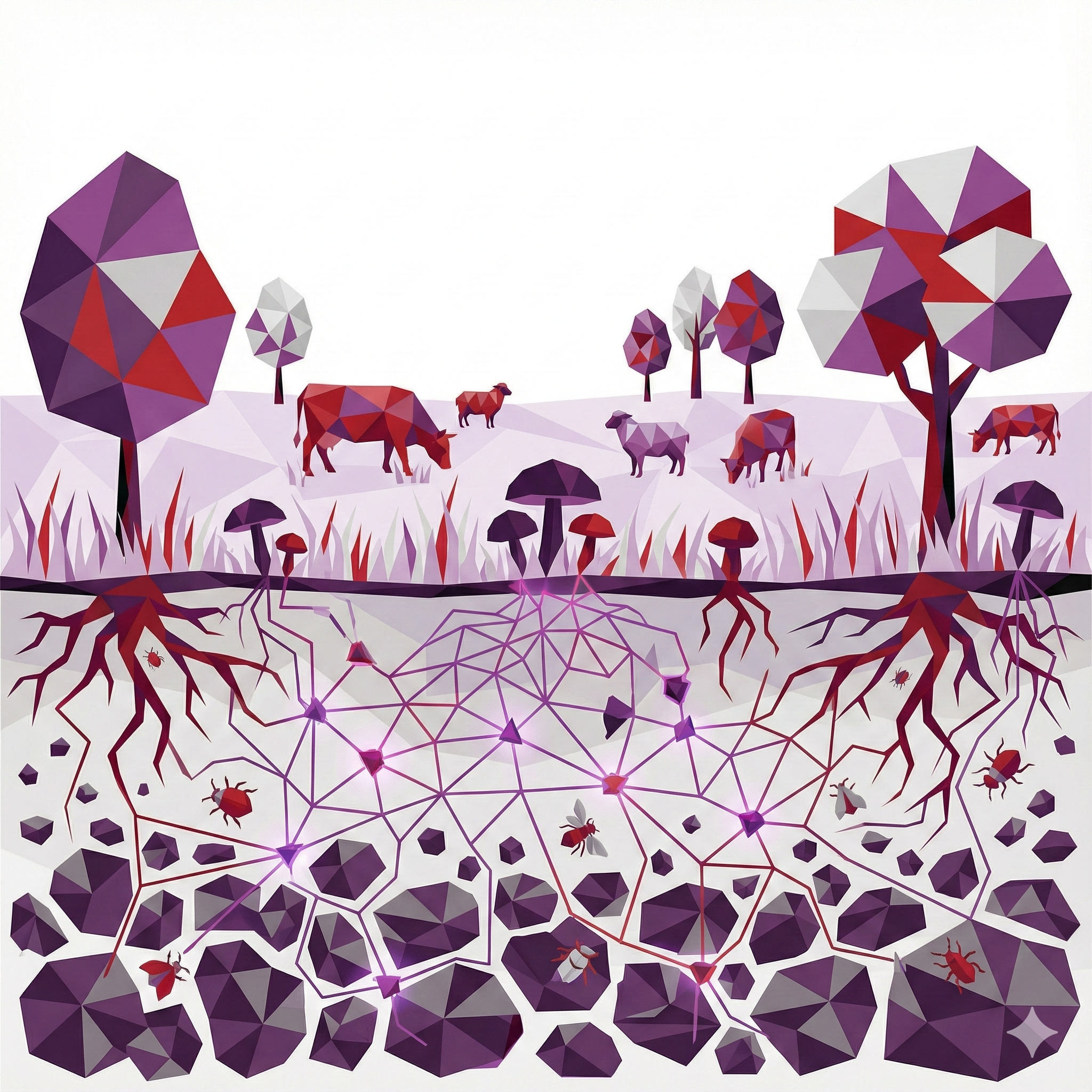 An artistic low-poly cross-section of a landscape rendered in brand shades of red, purple, and grey. The surface layer features geometric trees, grazing animals, and mushrooms under a clear sky, representing visible digital channels. The underground layer reveals a complex, interconnecting mycelium network among roots and insects, symbolizing the underlying data layer and taxonomies that support the user experience.