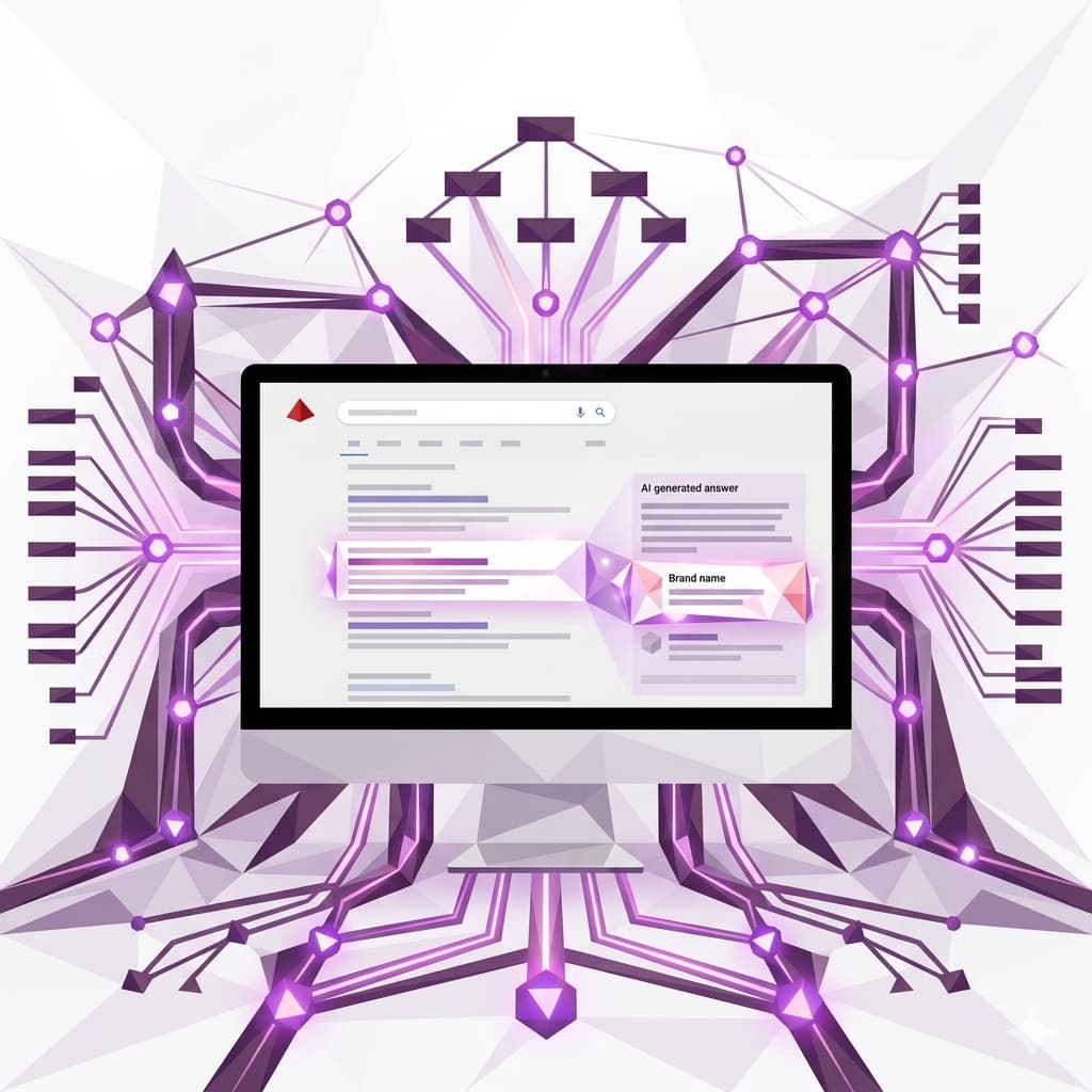 Low-poly illustration of a monitor showing AI search results, surrounded by a glowing network of nodes and taxonomy trees representing structured content infrastructure.