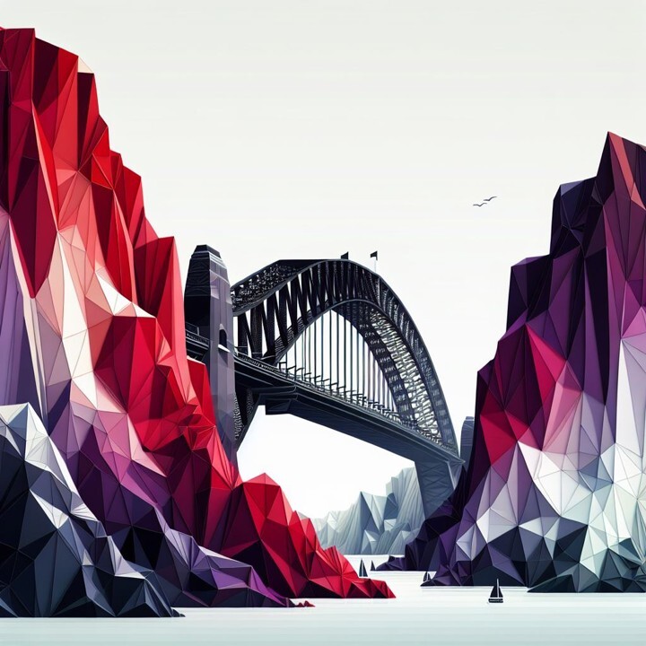 An artistic low poly style image of a bridge like Sydney Harbour between two red & purple coloured cliffs