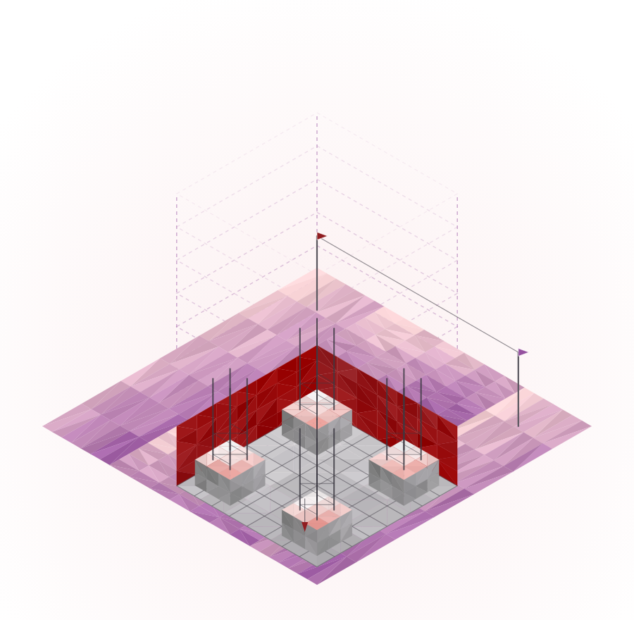 An isometric or architectural illustration of a structure's foundations and framing being carefully laid, visible rebar, level lines, surveyor's markers, while the building itself above is still a light outline or blueprint sketch. 